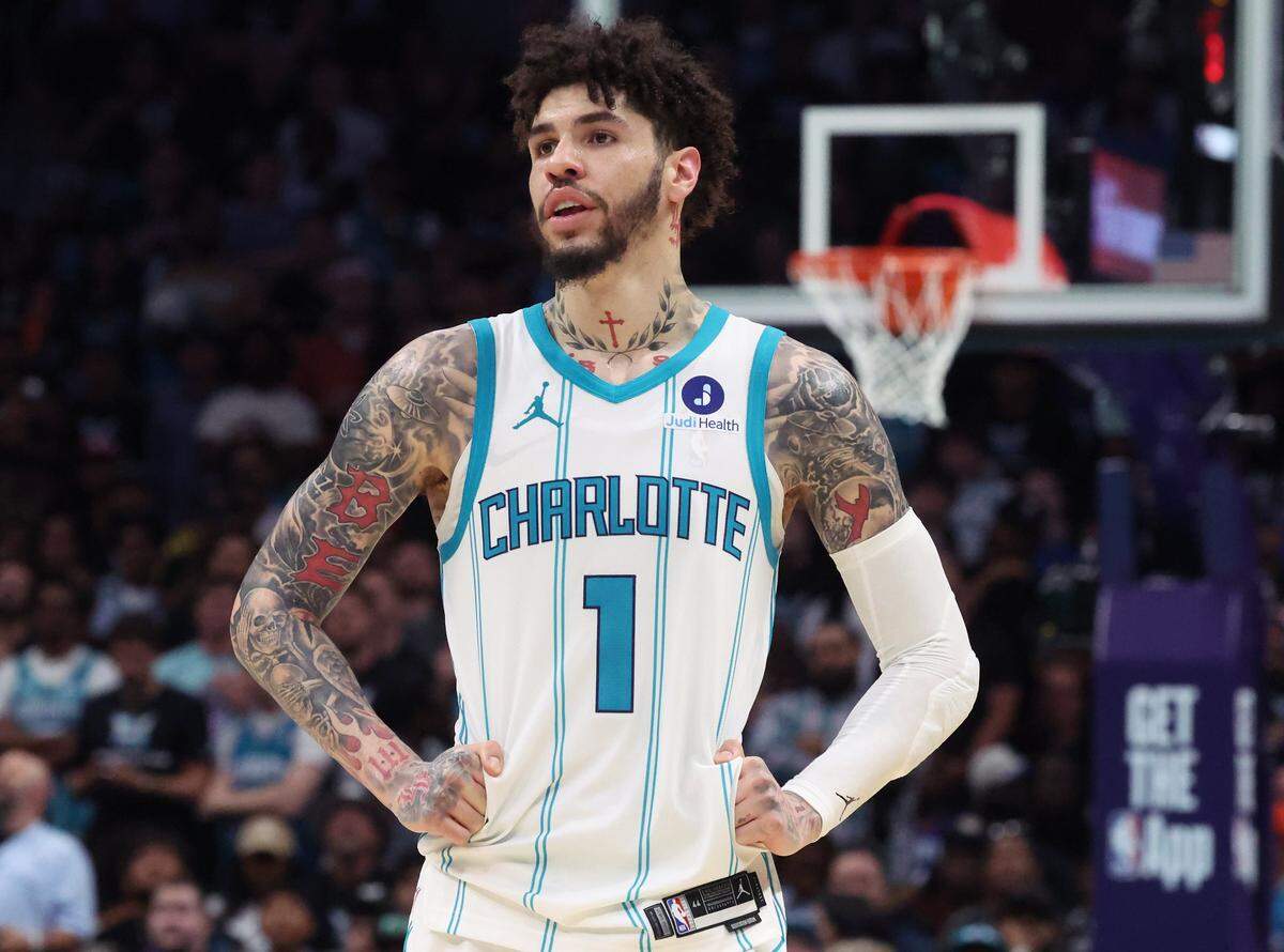 Charlotte Hornets guard LaMelo Ball during action against the Miami Heat at Spectrum Center in Charlotte, NC on Tuesday, April 14, 2026. The Hornets defeated the Heat 127-126 in NBA Play-in-Tournament basketball game.