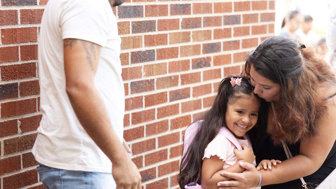Students arrive for the first day of school at Elizabeth Traditional School in Charlotte, N.C., on Monday, August 25, 2025.