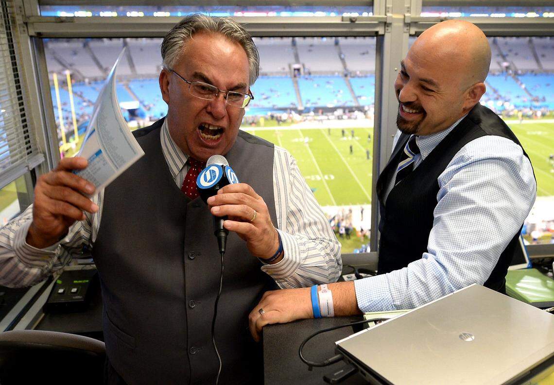 Jaime Moreno, left, and Luis Moreno Jr. brought the flair of Latin American soccer announcers to the NFL, and in 2015 (the year this photograph was taken) became cult heroes among English-speaking Panthers fans, and rock stars to Spanish speakers.