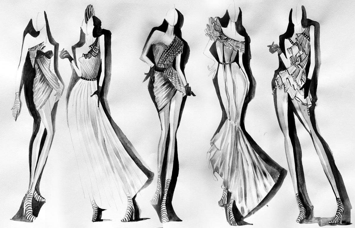 Some of Nguyen’s fashion design sketches.
