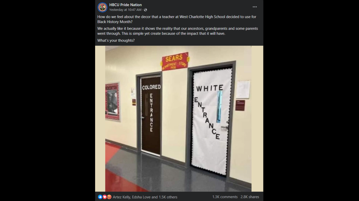 Charlotte-Mecklenburg Schools announced it would retrain teachers after a photo of a Black History Month display at West Charlotte High School caused a stir on social media. The photo (above) showed two doors decorated for Black History Month, with one reading “colored entrance” and the other, “white entrance.”