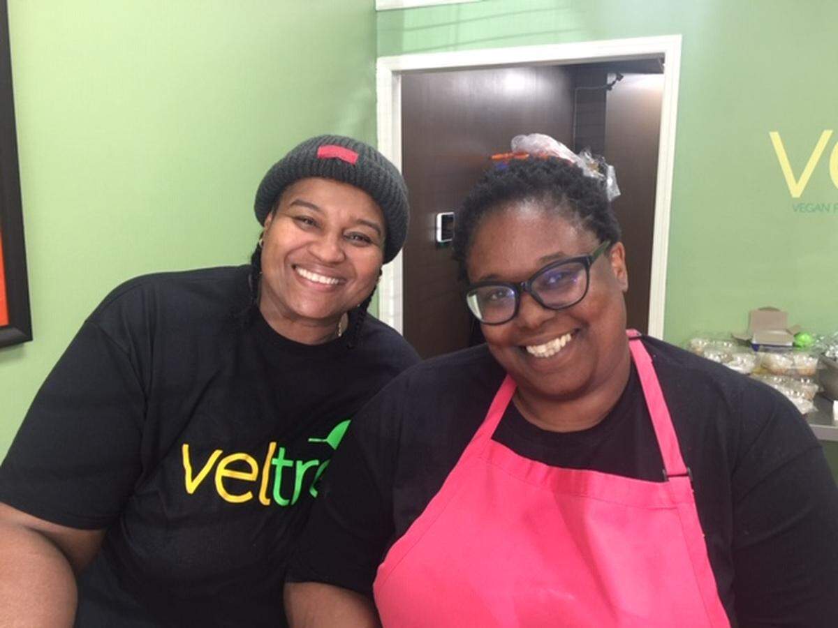 Velvet Jacobs (left) and Tre’Ona Kelty-Jacobs own the new Veltree Vegan Soul Food on North Tryon Street.