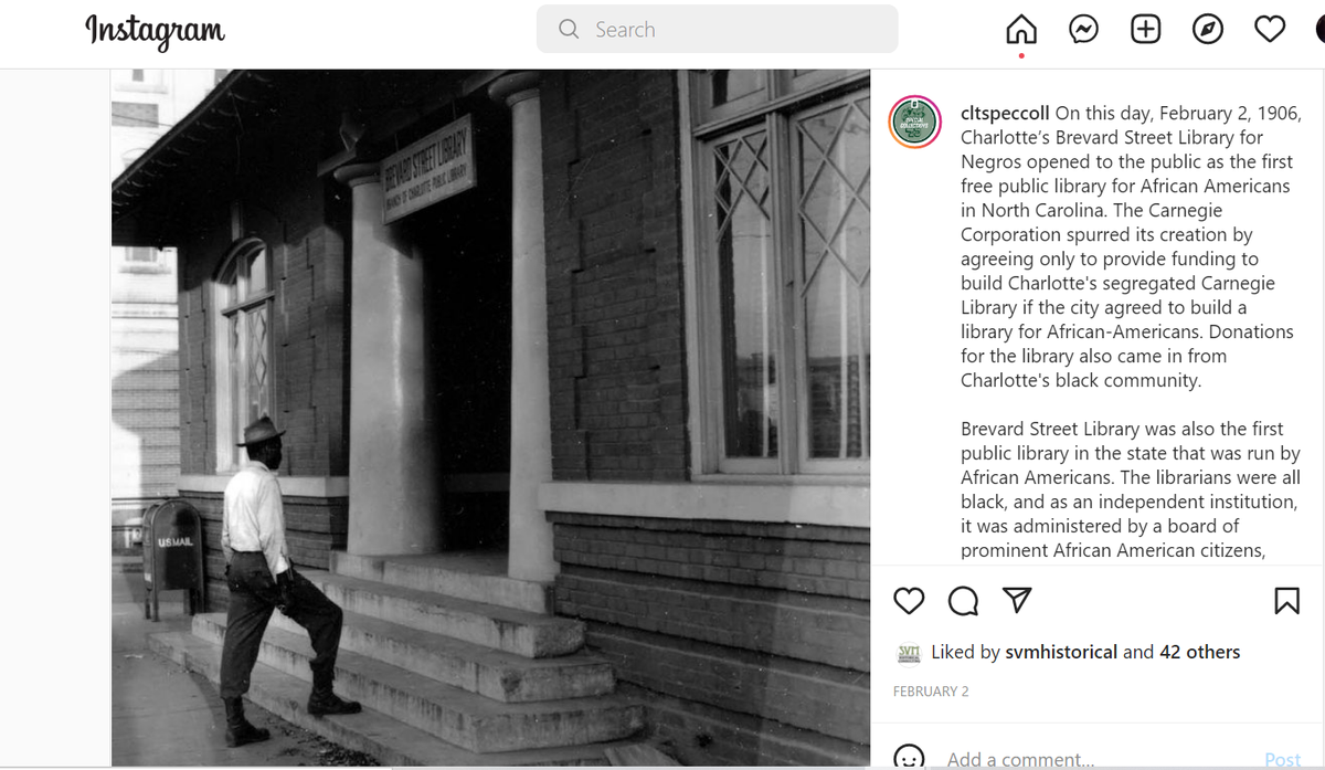 The Brevard Street Library for Negroes opened in 1902, and was the the first public library for African Americans in North Carolina. It was demolished in 1961.