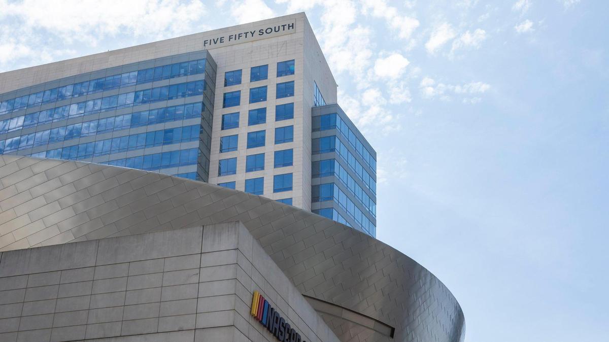 A new sign reading “Five Fifty South” sits atop the former NASCAR Plaza building in uptown Charlotte, replacing the former NASCAR logo.