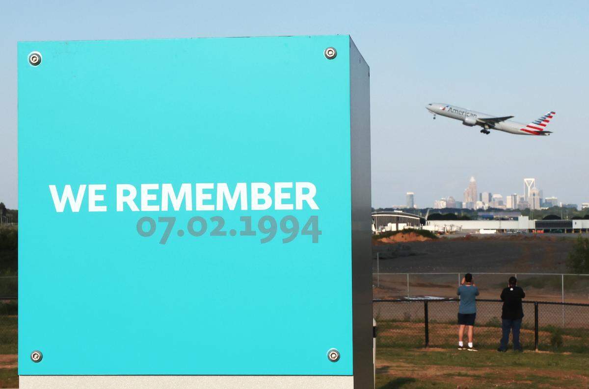 A memorial to those who died, were injured or who helped in the rescue efforts of the USAir Flight 1016 crash at the Airport Overlook part in Charlotte.
