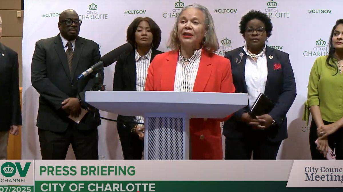 Charlotte Mayor Vi Lyles speaks during a news conference Wednesday to address an email sent by council member Victoria Watlington through her campaign account as well as a reported settlement with CMPD Chief Johnny Jennings.