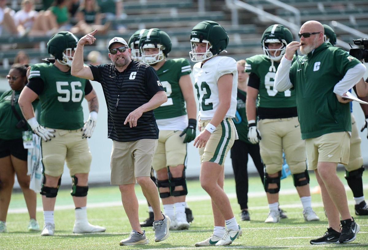 Tim Albin, Charlotte 49ers head coach, leads the players during a practice in front of fans at Richardson Stadium on Saturday, April 19, 2025.