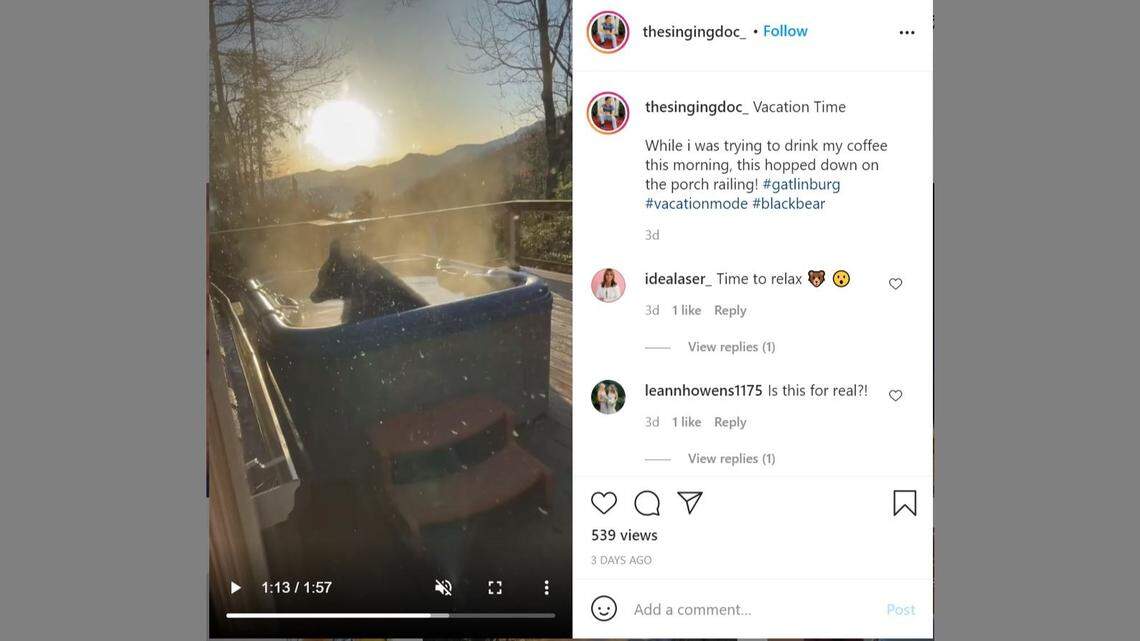 A bear was caught on video soaking in a hot tub in Tennessee.