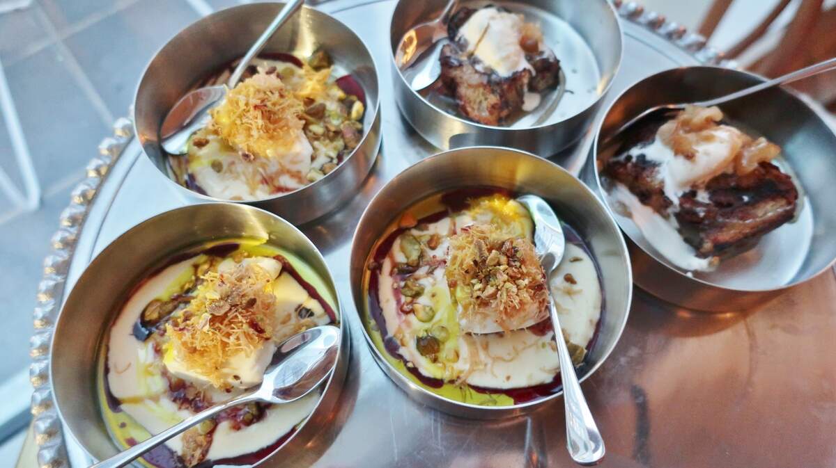 Albertine’s standout dessert menu includes knafeh cheesecake, with apricot creme anglaise, katafi (a finely shredded filo dough), pistachio and brown butter.