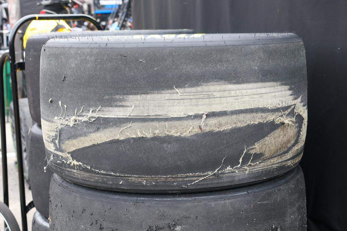 Mar 16, 2024; Bristol, Tennessee, USA; Worn tires during the NASCAR Food City 500 at Bristol Motor Speedway.