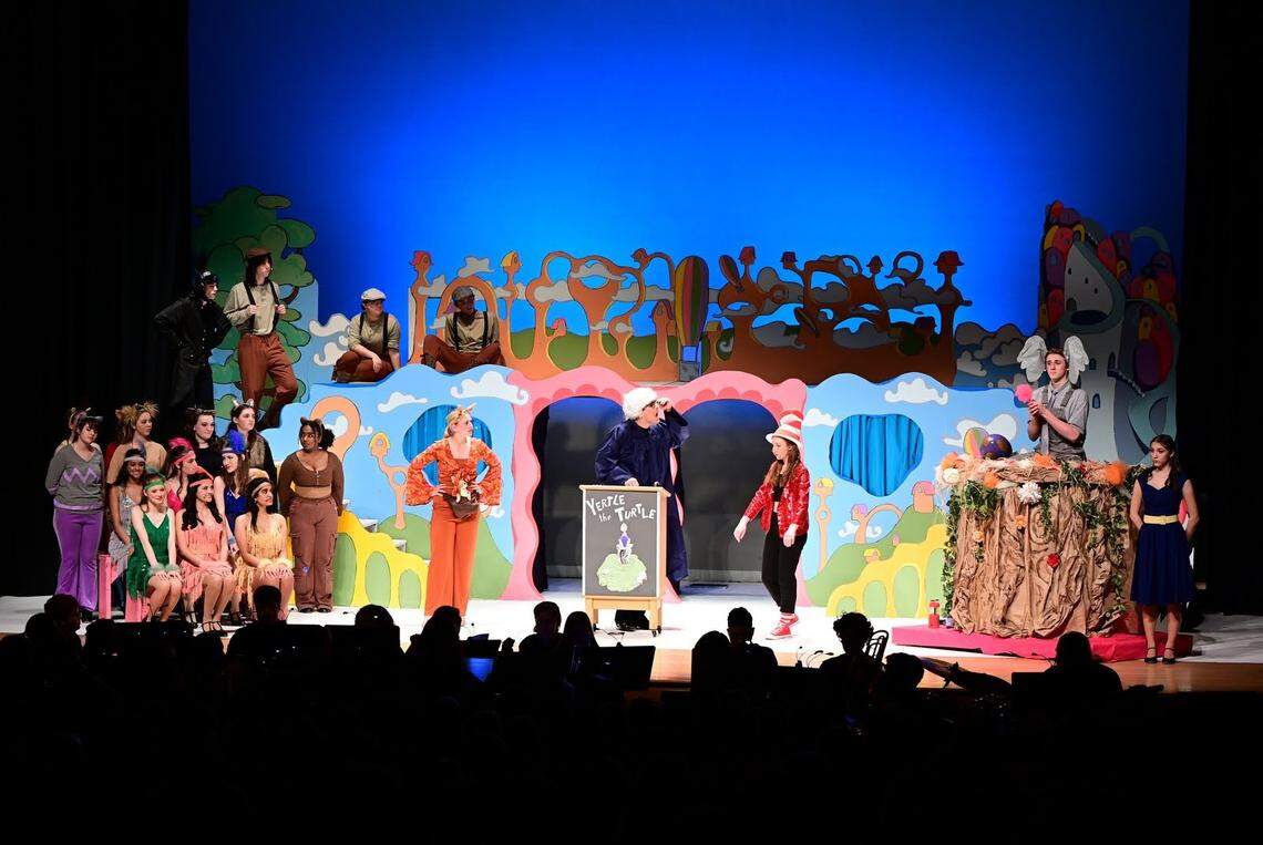 Josh Moraja, center, in blue shirt as Yertle the Turtle, in Weddington High’s spring musical “Seussical.”