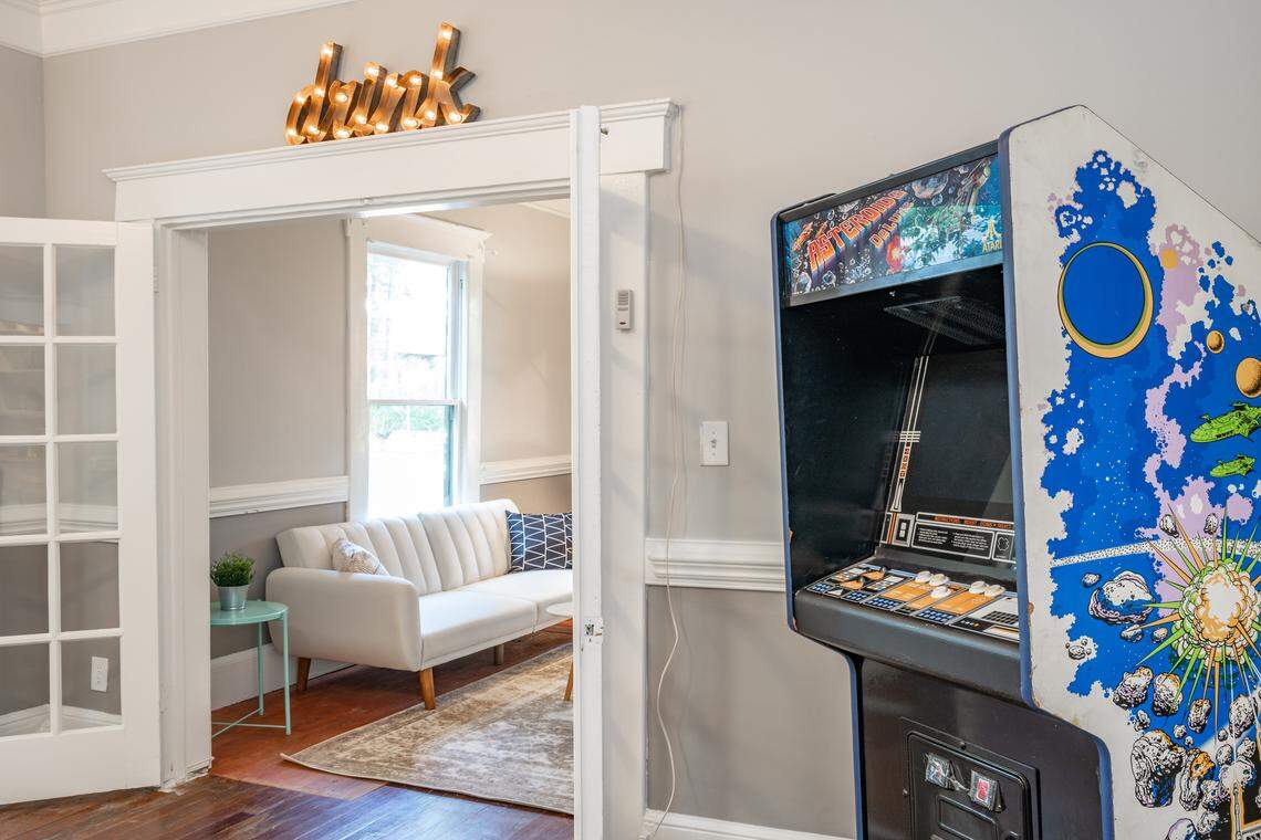 Visitors to Charlotte for the RNC can rent this urban farmhouse that sleeps 14, complete with an Asteroids arcade game.