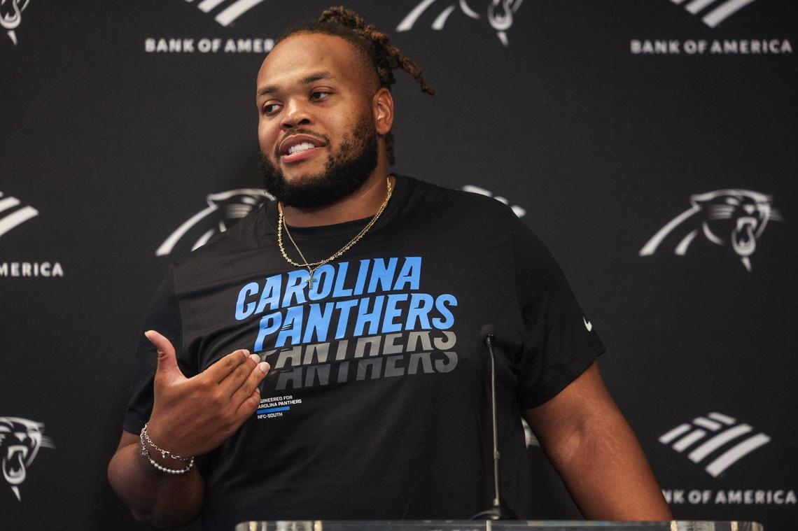 Carolina Panthers’ guard Robert Hunt speaks to media during Veteran Report Day for training camp at Bankof America Stadium in Charlotte, NC on Tuesday, July 22, 2025.