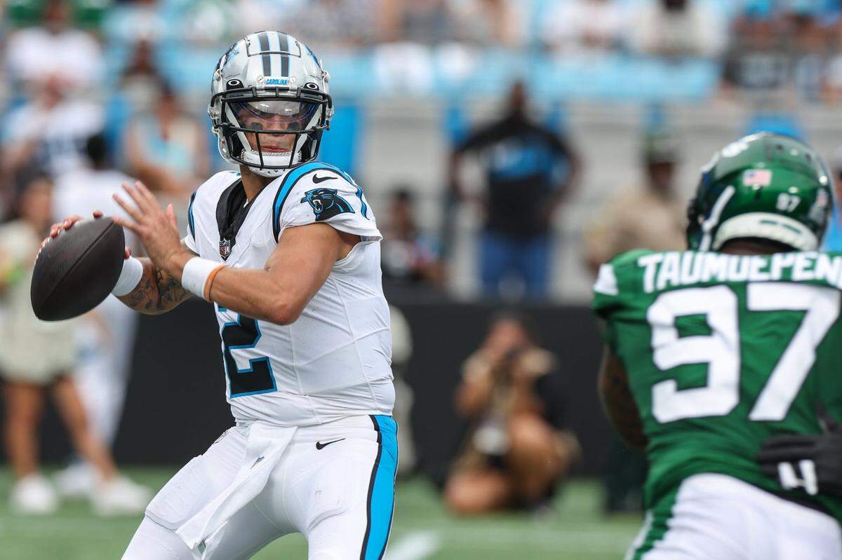 Panthers quaterback Matt Corral looks for a pass during the pre-season game against the Jets at Bank of America Stadium on Saturday, August 12, 2023 in Charlotte, NC.