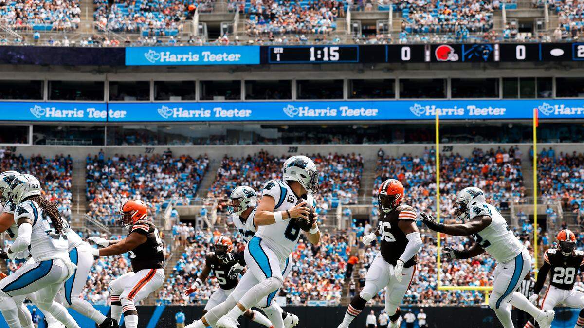 Carolina Panthers quarterback Baker Mayfield (6) drops back to pass the ball against Cleveland Sunday. The Panthers lost, 26-24, despite scoring 17 fourth-quarter points.