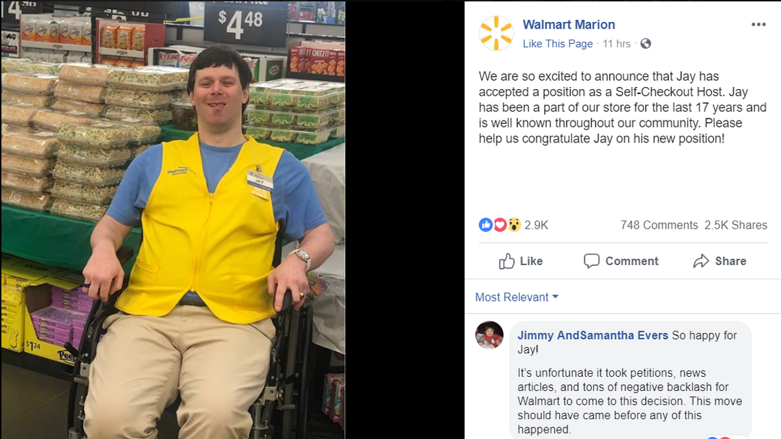 Walmart employee Jay Melton will keep his job at the store in Marionl, but is assuming a new role at the store as a self-checkout host. Walmart Facebook post photo