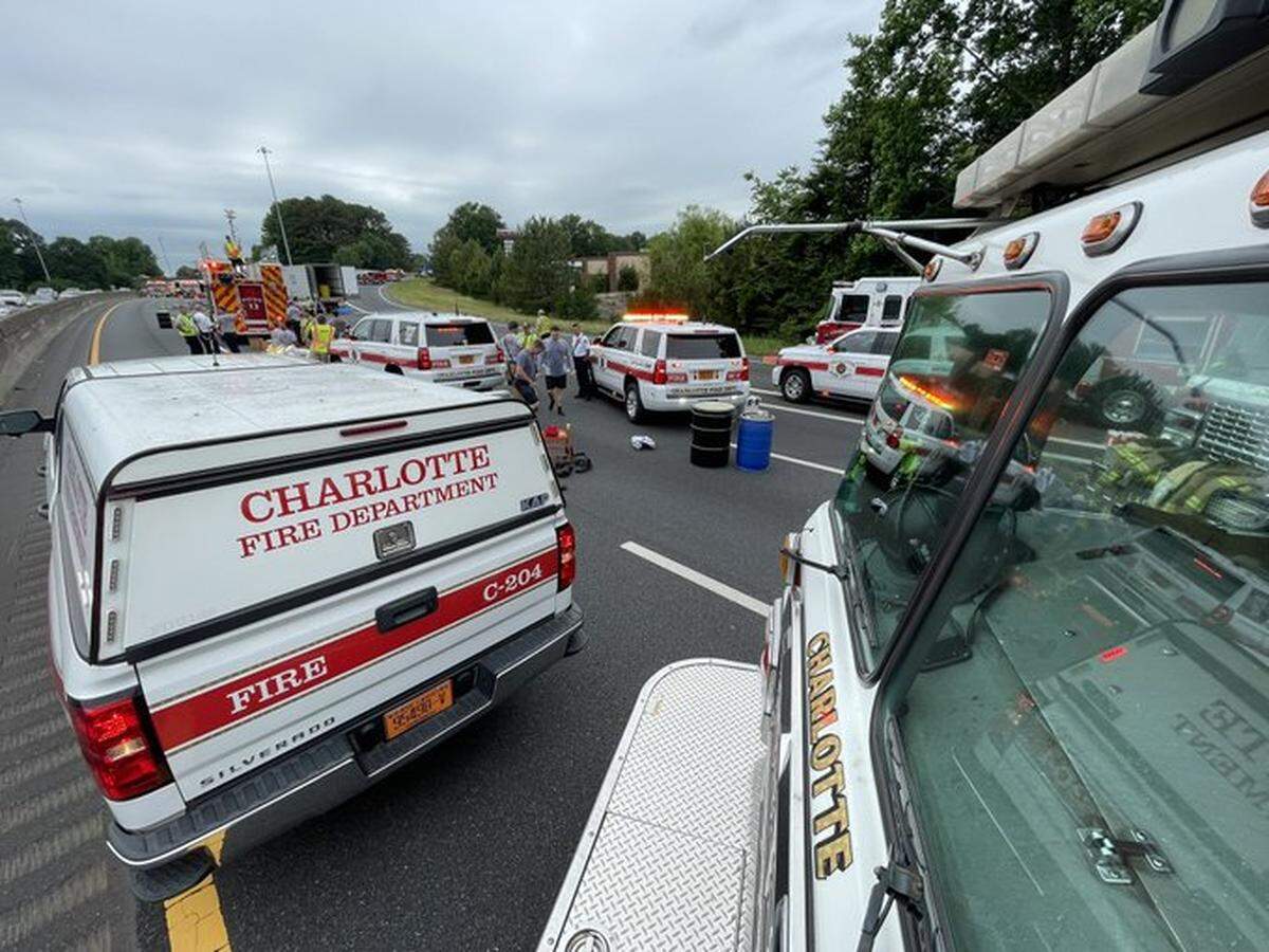 Interstate 77 southbound at Nations Ford Road Exit 4 was expected to reopen at 7 p.m. Wednesday, May 25, 2022, three hours after a tractor-trailer spilled a chemical onto the highway, according to fire and state highway officials.