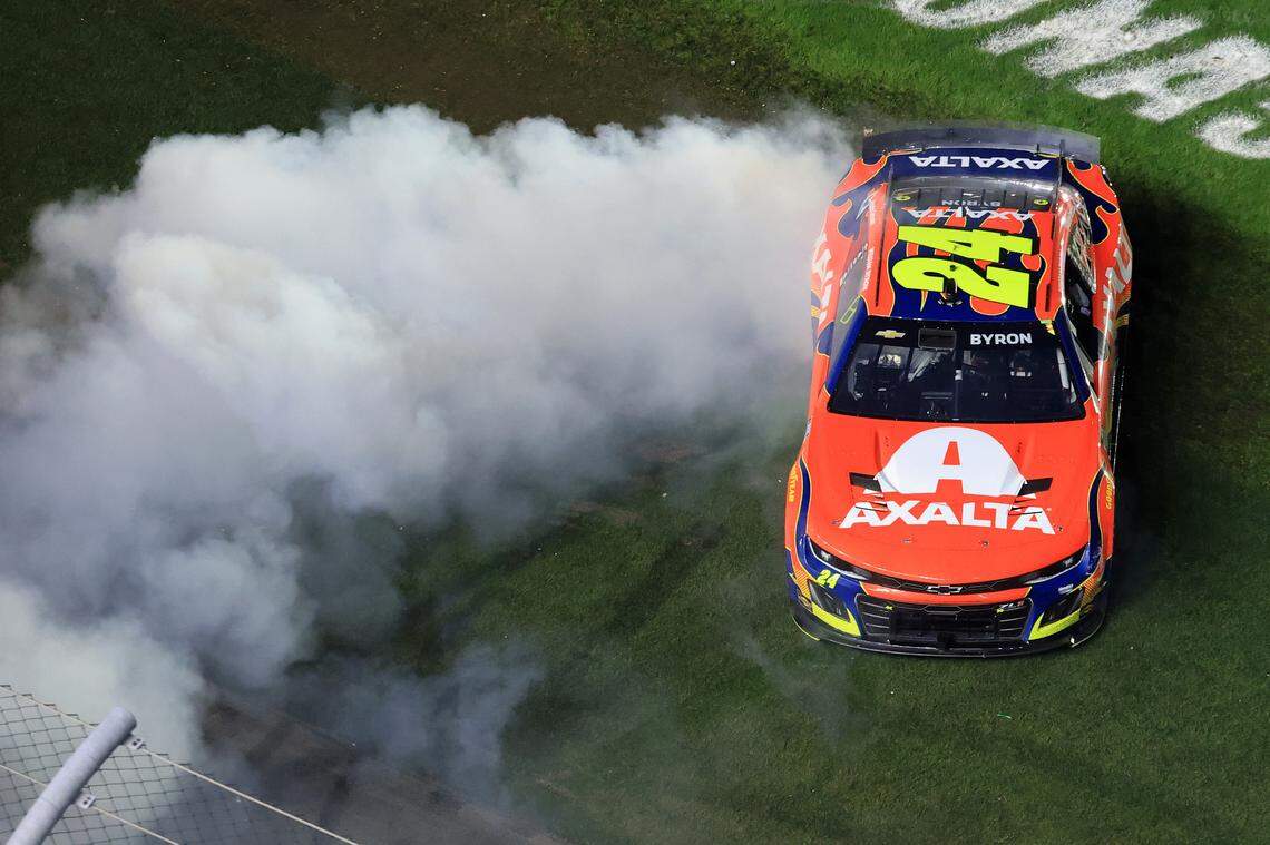 NASCAR Cup Series driver William Byron (24) does a burn out after winning the Daytona 500 at Daytona International Speedway. Mark J. Rebilas-Imagn Images