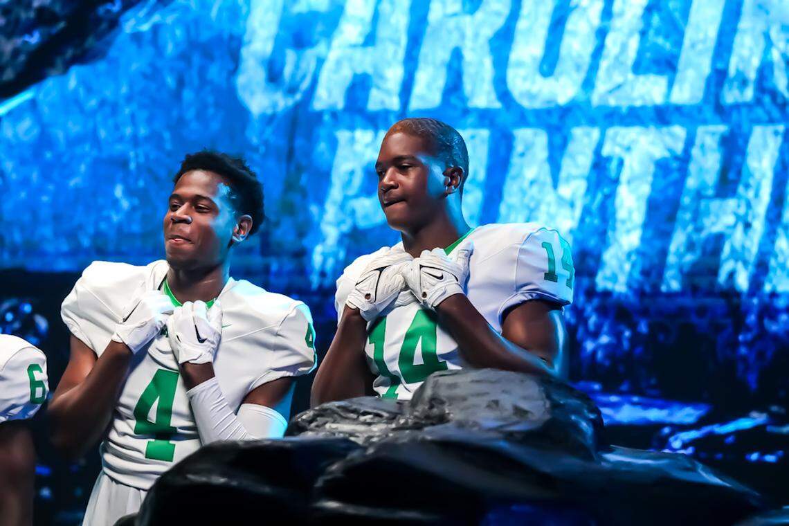 Myers Park football players on the set at the Keep It Pounding High School Classic Media Day at Bank of America Stadium