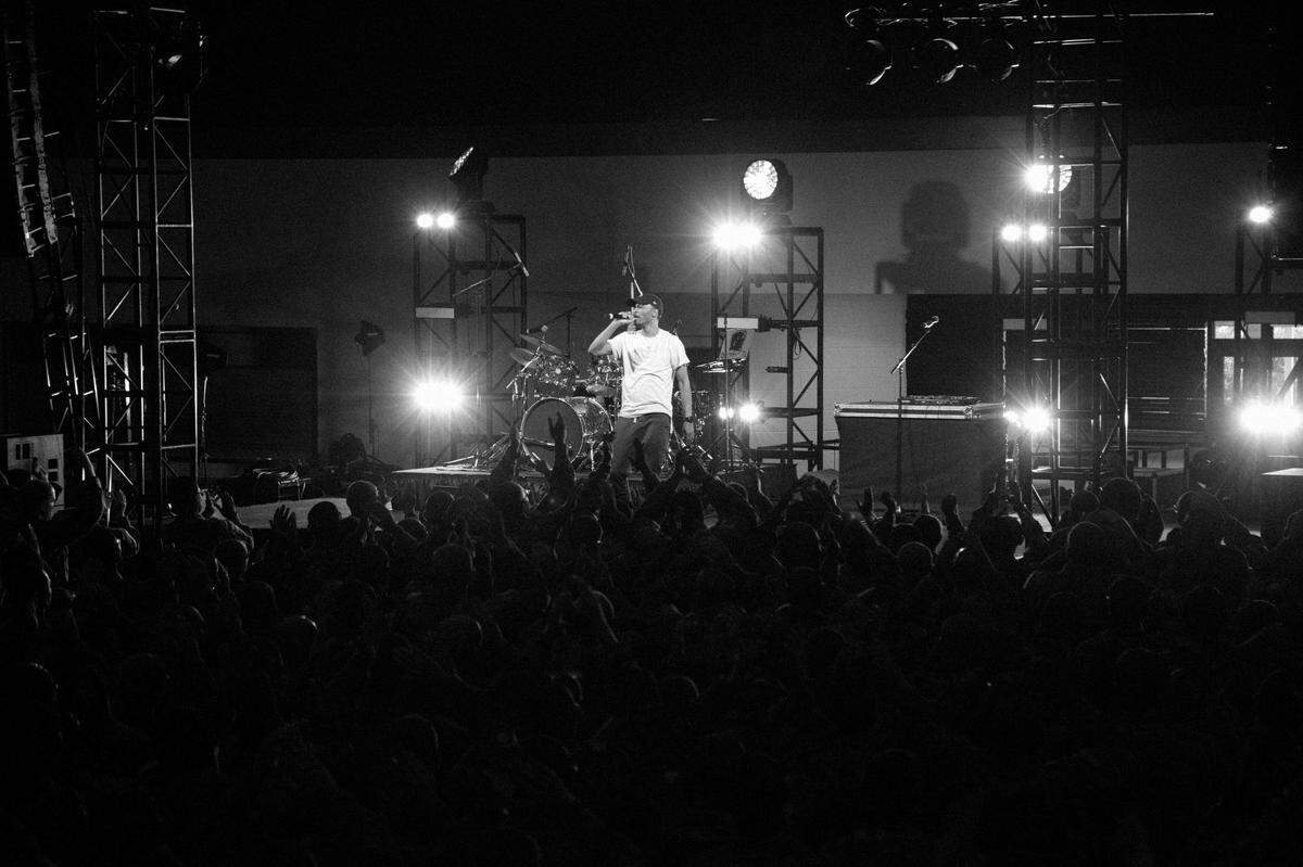 David “Dae-Lee” Arrington on stage at Fort Jackson in Columbia, S.C..