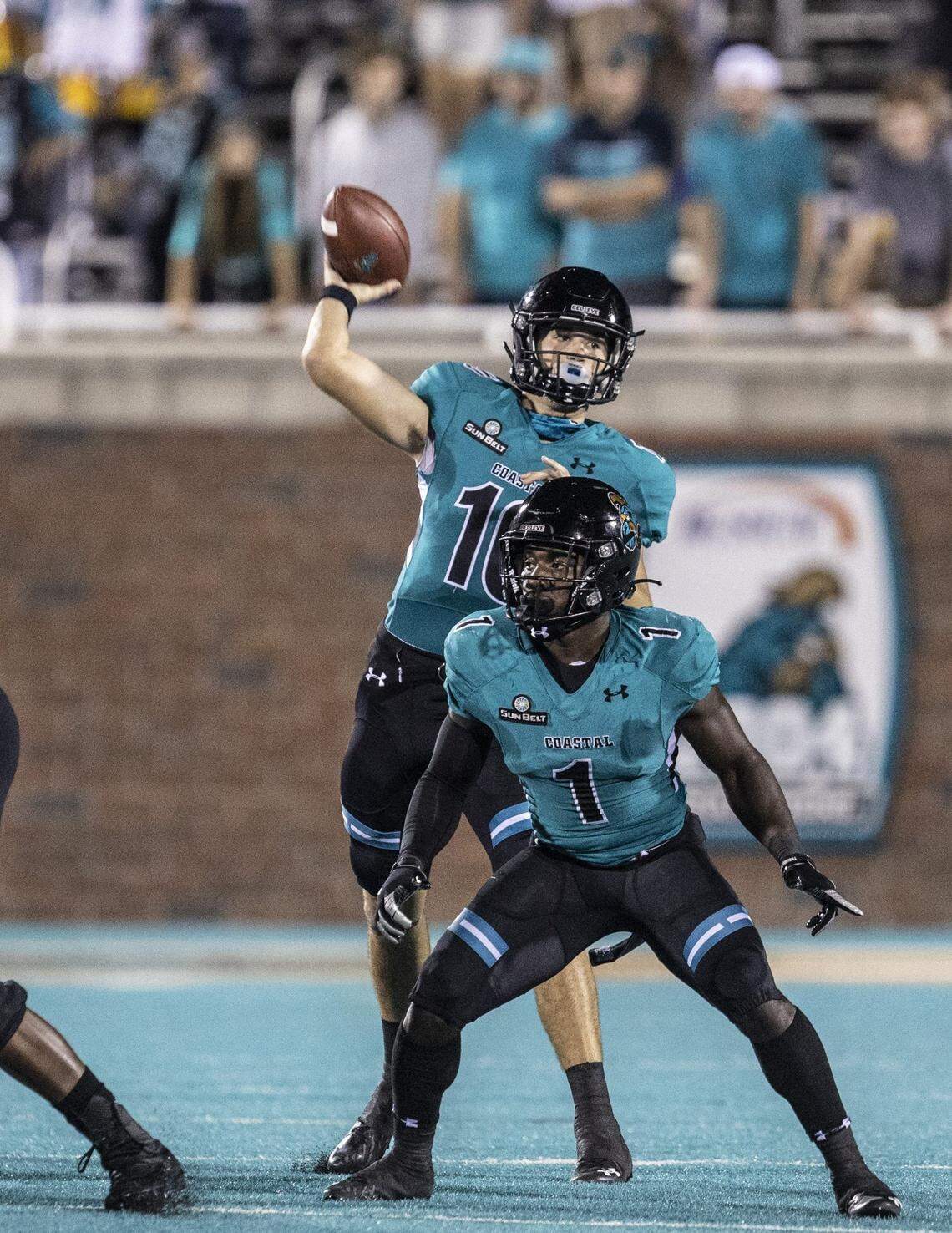 Coastal quarterback Grayson McCall passes against Campbell. Coastal Carolina University football hosted Campbell during it’s 2020 home-opening game at Brooks Stadium in Conway, SC. on Friday night. September 18, 2020.