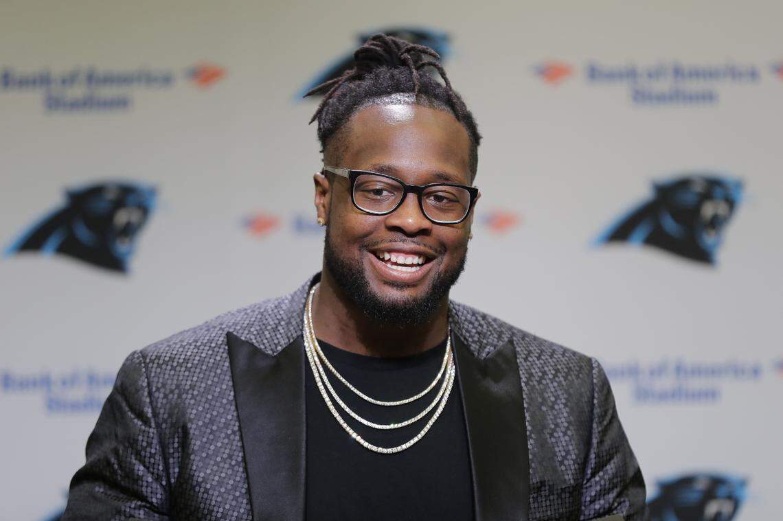 Carolina Panthers’ Gerald McCoy answers a question during a news conference Tuesday at Bank of America Stadium. McCoy says coach Ron Rivera has told him to be himself as he joins a new team after nine seasons with Tampa Bay. (AP Photo/Chuck Burton)