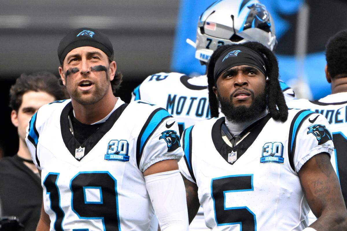 Carolina Panthers wide receivers Adam Thielen (19) and Diontae Johnson (5).