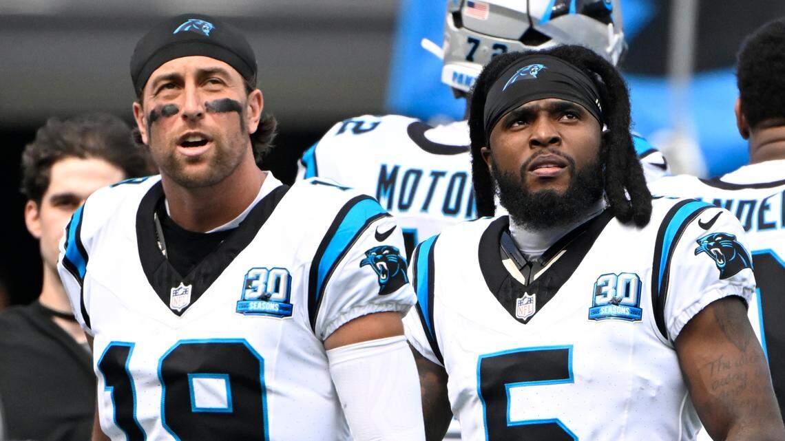 Sep 15, 2024; Charlotte, North Carolina, USA; Carolina Panthers wide receivers Adam Thielen (19) and Diontae Johnson (5) before the game at Bank of America Stadium. Mandatory Credit: Bob Donnan-Imagn Images