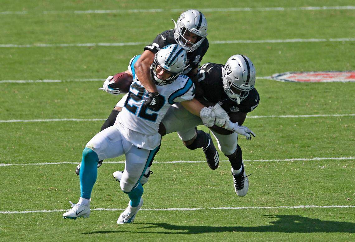 Carolina Panthers running back Christian McCaffrey (22) has scored six TDs in the three games he has played in 2020.