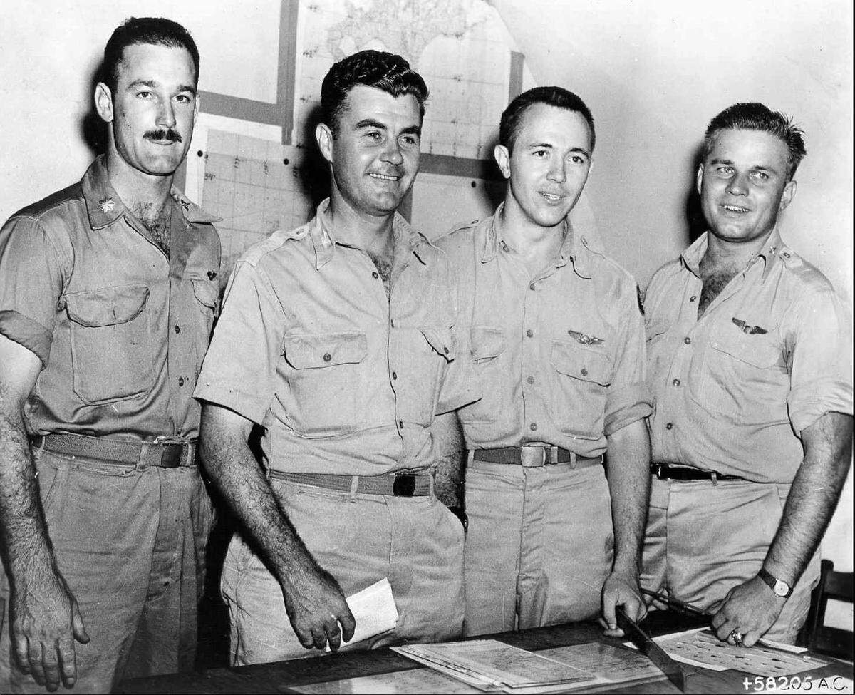 Tom Ferebee (at left), Paul Tibbets, Dutch Van Kirk and co-pilot Bob Lewis.