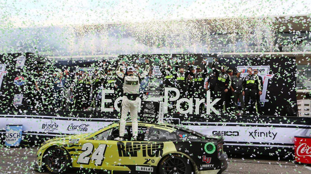 Mar 24, 2024; Austin, Texas, USA; NASCAR Cup Series driver William Byron (24) in victory lane after winning the EchoPark Automotive Grand Prix at Circuit of the Americas.