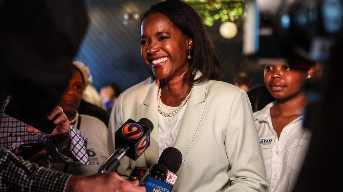 Charlotte City Council District 6 candidate Stephanie Hand, center, speaks with media during an election watch party at Heist Brewery on Tuesday, July 26, 2022 in Charlotte, NC.