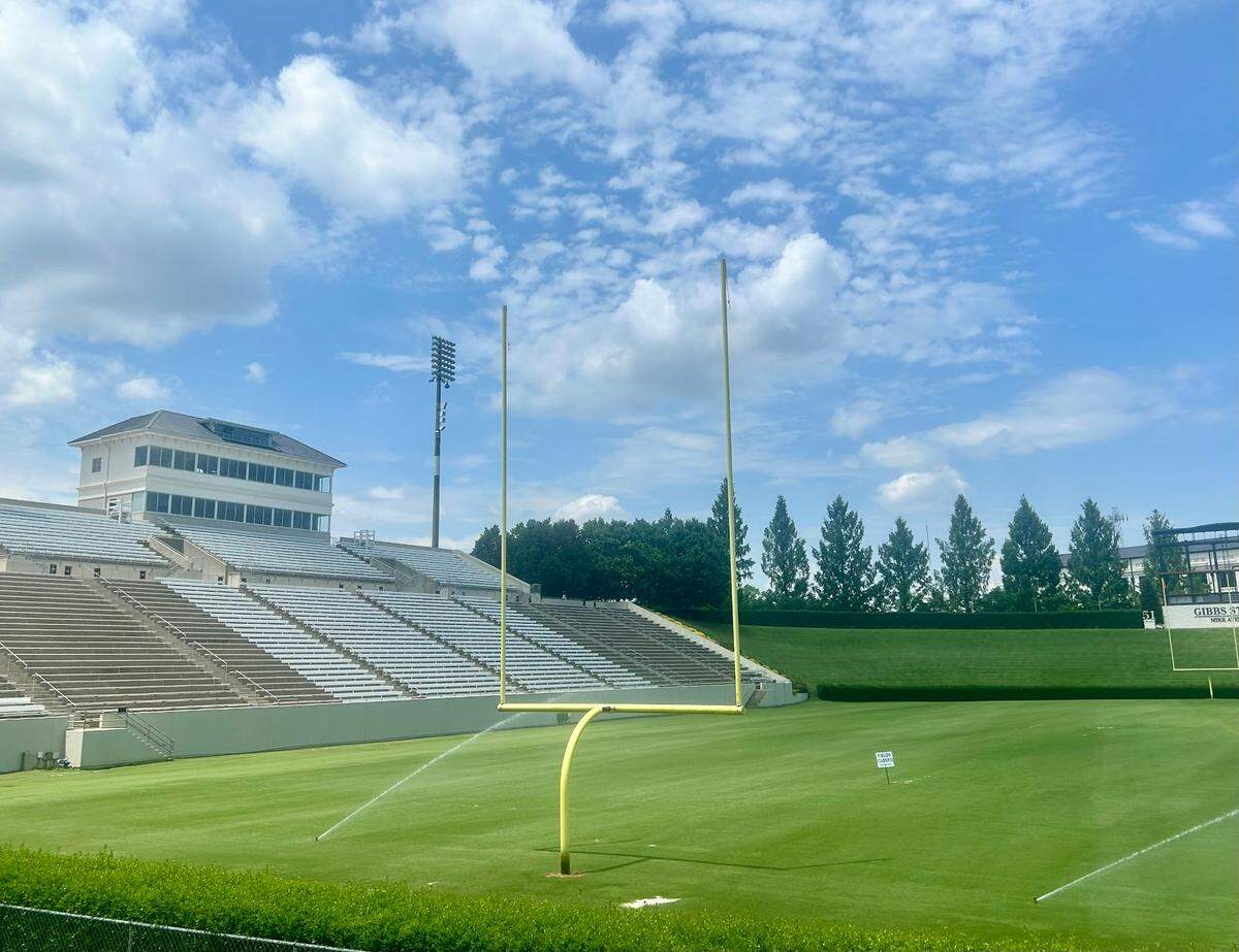 The Wofford College primary football field at Gibbs Stadium sits vacant on July 17, 2024. A small white sign in the middle reads: “Fields closed.” The Carolina Panthers usually use the field for their first major practice of training camp, called “Back Together,” but this year the Panthers will hold camp on their own practice fields in Charlotte. Except for a COVID-fueled absence in 2020, this will be the first time the Panthers haven’t held summer camp at Wofford, about 80 miles from Charlotte, since the team began playing in 1995.