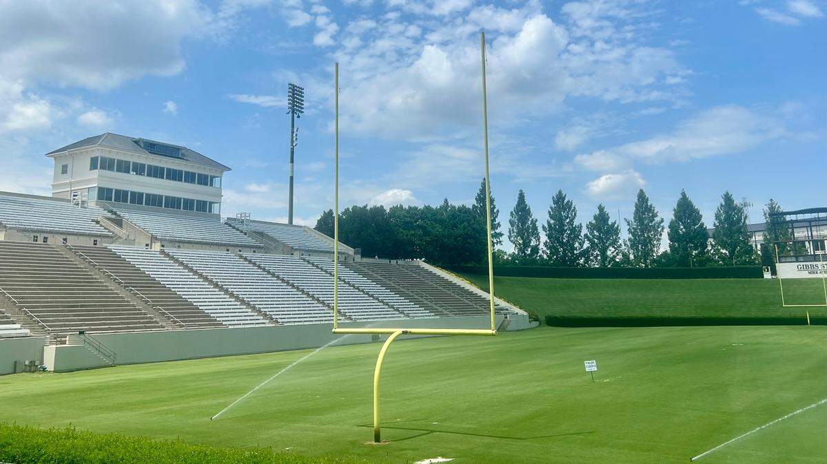 The Wofford College primary football field at Gibbs Stadium sits vacant on July 17, 2024. A small white sign in the middle reads: “Fields closed.” The Carolina Panthers usually use the field for their first major practice of training camp, called “Back Together,” but this year the Panthers will hold camp on their own practice fields in Charlotte. Except for a COVID-fueled absence in 2020, this will be the first time the Panthers haven’t held summer camp at Wofford, about 80 miles from Charlotte, since the team began playing in 1995.