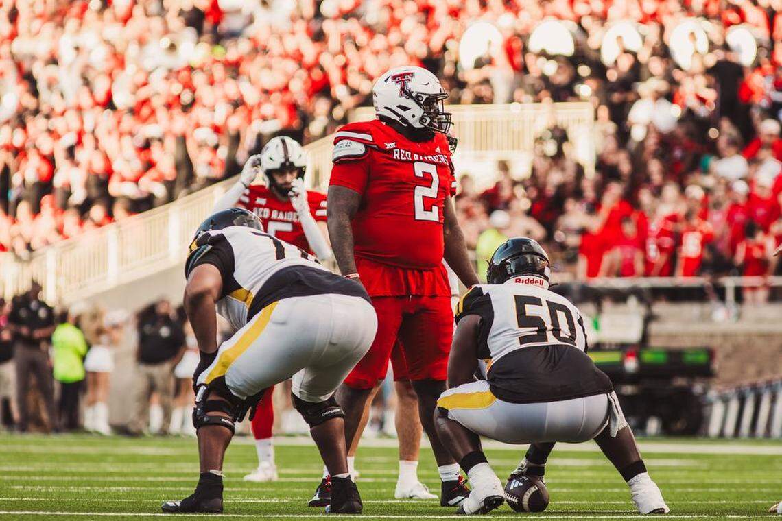 Texas Tech defensive lineman Lee Hunter (2) was listed at 330 pounds when he played for the Red Raiders in 2025. His nickname is “The Fridge.” He was chosen by the Carolina Panthers in the second round of the 2026 NFL Draft.