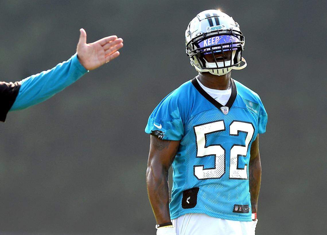 Carolina Panthers linebacker Denzel Perryman’s face shield highlights the team’s motto “Keep Pounding” during practice on Thursday, July 29, 2021 at Wofford College in Spartanburg, SC.