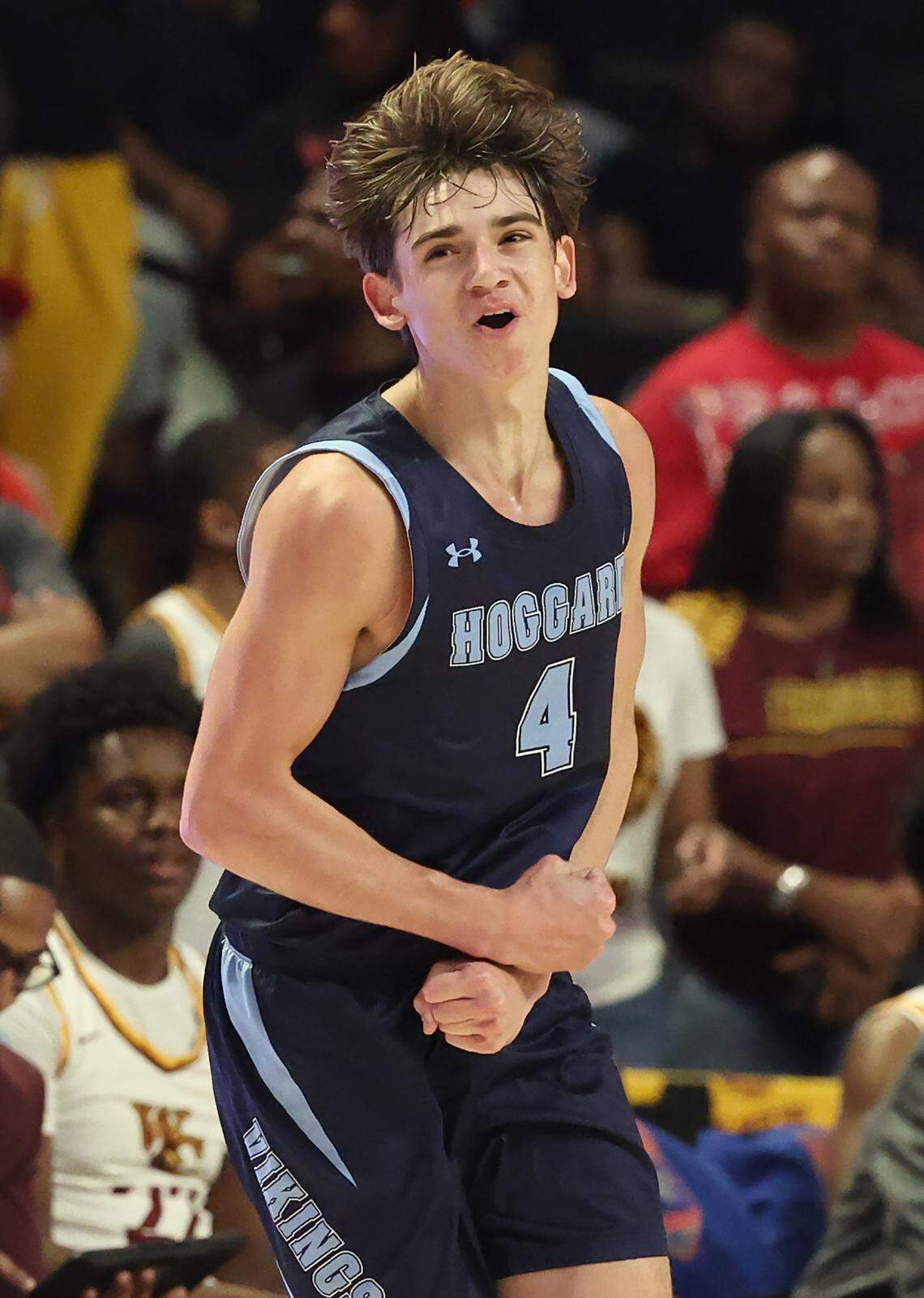 Hoggard’s Hunter McGrath celebrates making a 3-pointer during action against West Charlotte in the NCHSAA 8A state championship game at Lawrence Joel Veterans Memorial Coliseum in Winston-Salem, North Carolina, on Wednesday, March 11, 2026.