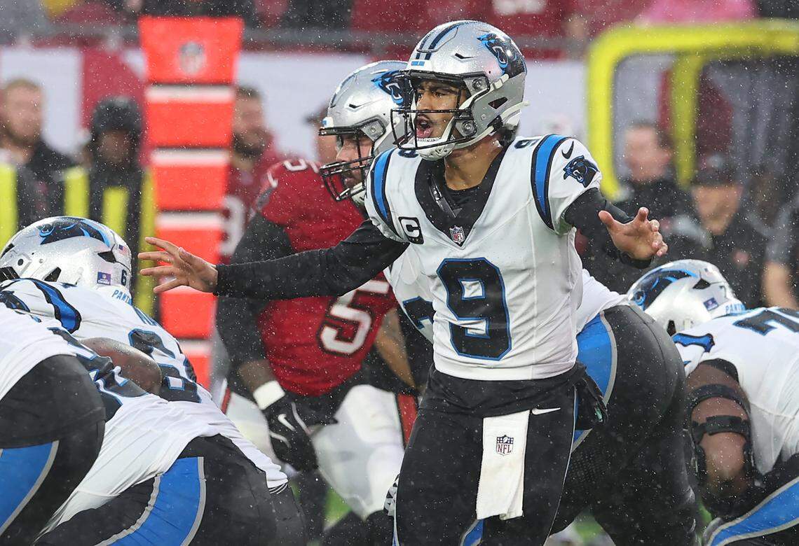 Carolina Panthers quarterback Bryce Young yells instructions to his teammates at the line of scrimmage during action against the Tampa Bay Buccaneers at Raymond James Stadium in Tampa, FL. on Saturday, January 3, 2026. The Buccaneers defeated the Panthers 16-14.