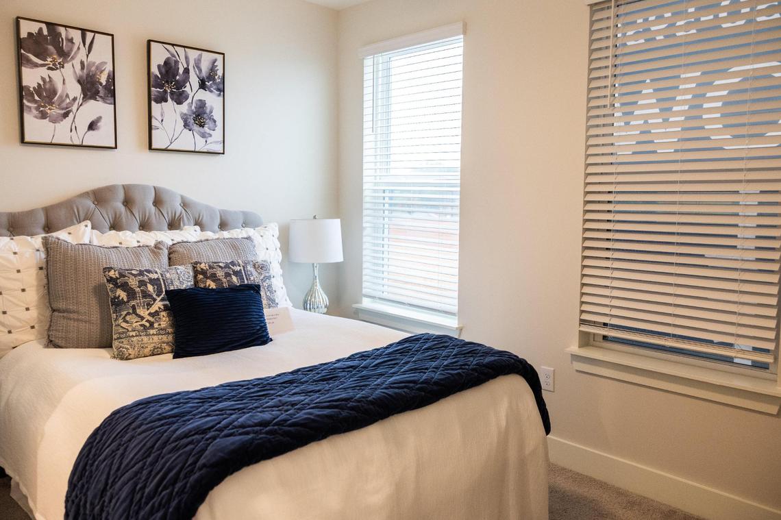 A bedroom in a model unit at Evoke Living at Eastland Yards which is an an affordable housing complex for seniors in Charlotte, N.C., on Wednesday, November 20, 2024.