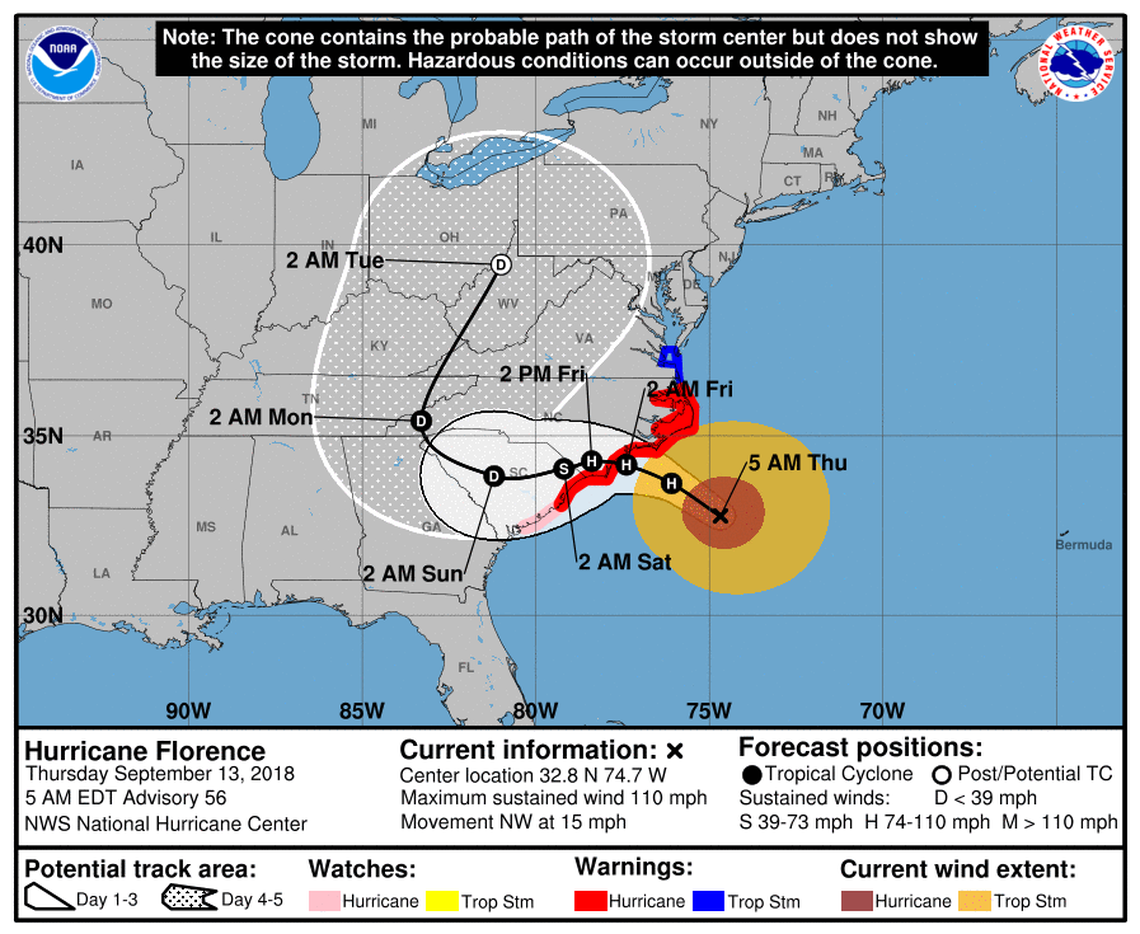 The 5 a.m. Thursday track for Hurricane Florence from the National Hurricane Center.