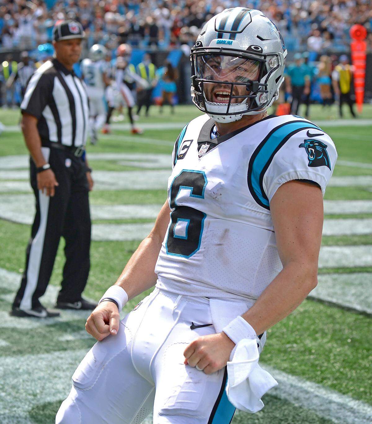 Carolina Panthers quarterback Baker Mayfield celebrates his running touchdown against Cleveland on Sept. 11th.