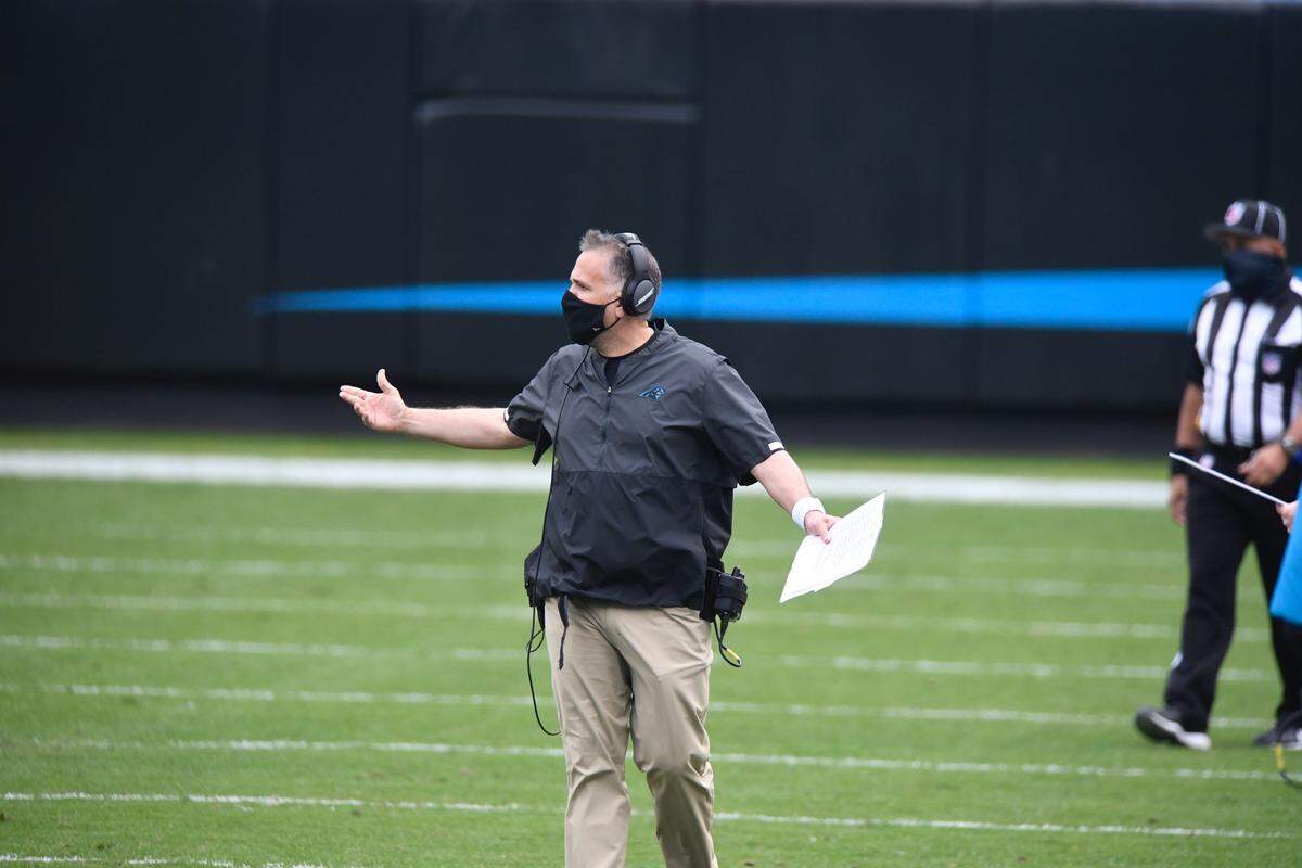 Panthers head coach Matt Rhule reacts to a play during the first quarter against Detroit on Sunday, November 22, 2020.