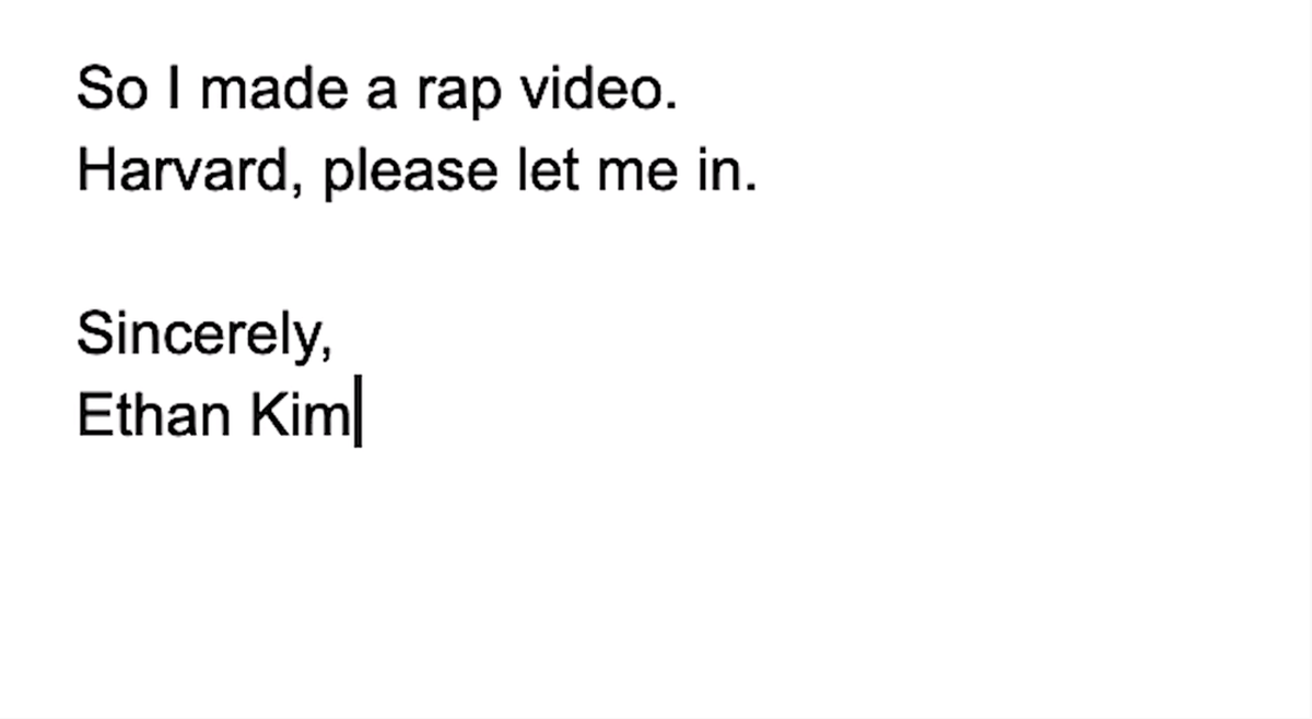 In the video's final shot, Kim types a letter explaining the video to Harvard Admissions.