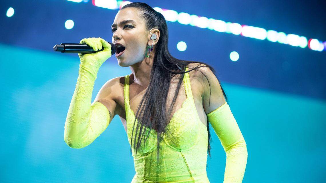 Dua Lipa performs during her Future Nostalgia Tour at the Spectrum Center in Charlotte, N.C., on February, 16, 2022.