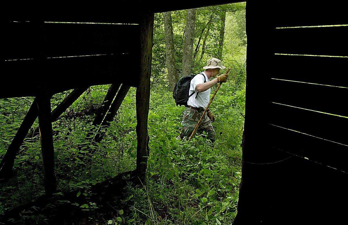 Ben Faulk, with Cleveland County EMS, makes his way past an old woodshed during a search Wednesday morning, Aug. 15, 2001, along N.C. 18 for Asha Degree. Over 100 people from agencies across North Carolina took part.