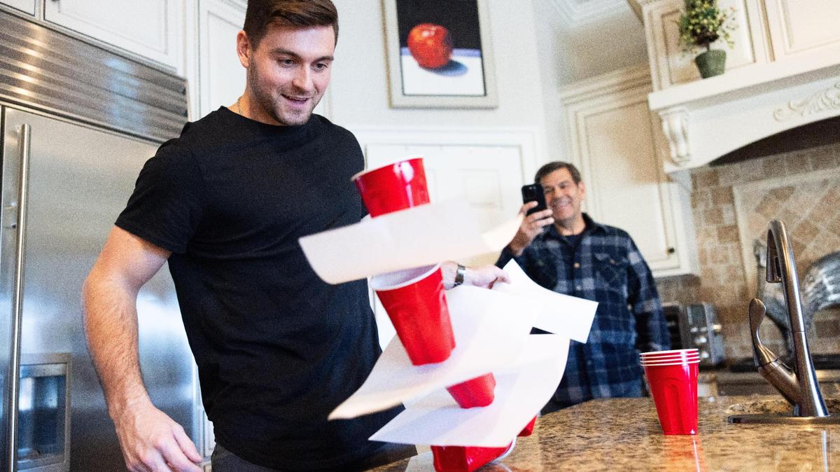 Alex Presley of Cornelius demonstrates a cup game that he plays in his TikTok videos