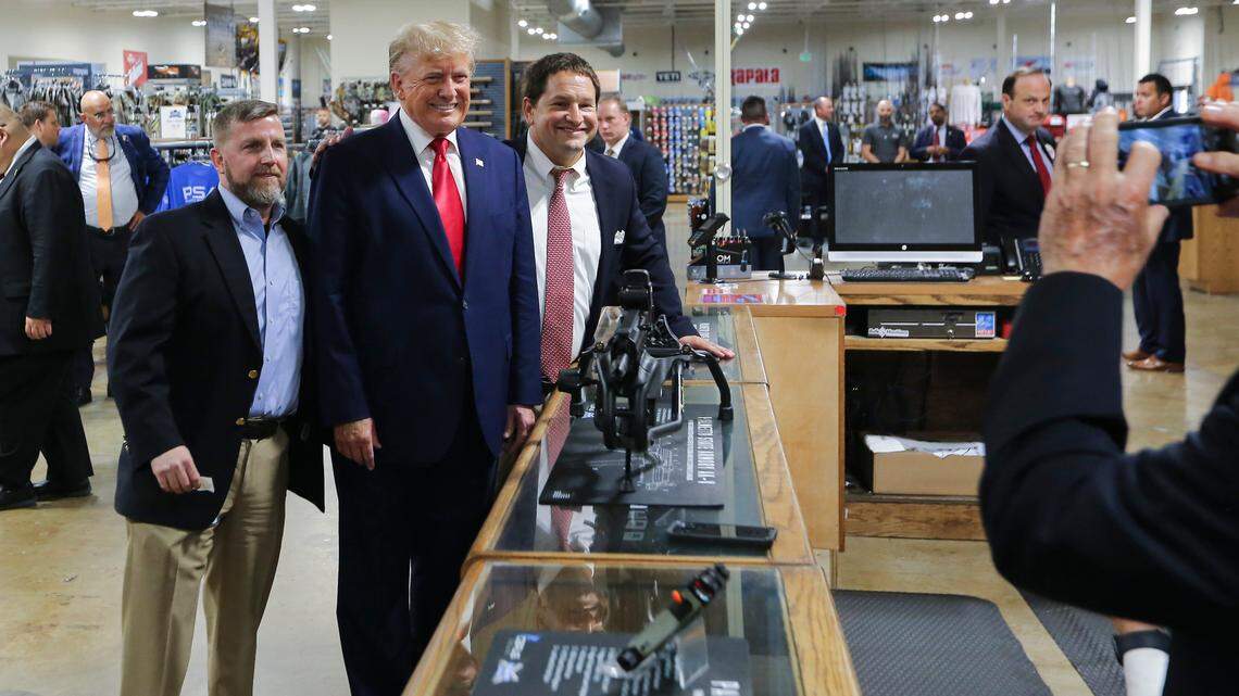 Former President Donald Trump visited Palmetto State Armory in Summerville, S.C. on Sept. 25, 2023. He’s pictured here with owners Jamin McCallum and Julian Wilson.