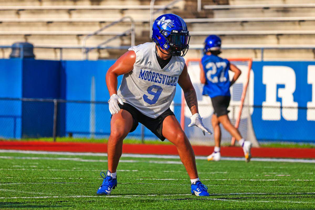Mooresville High School linebacker Caleb Edstrom at practice this season. Edstrom is one of the top returning players in Iredell County this season