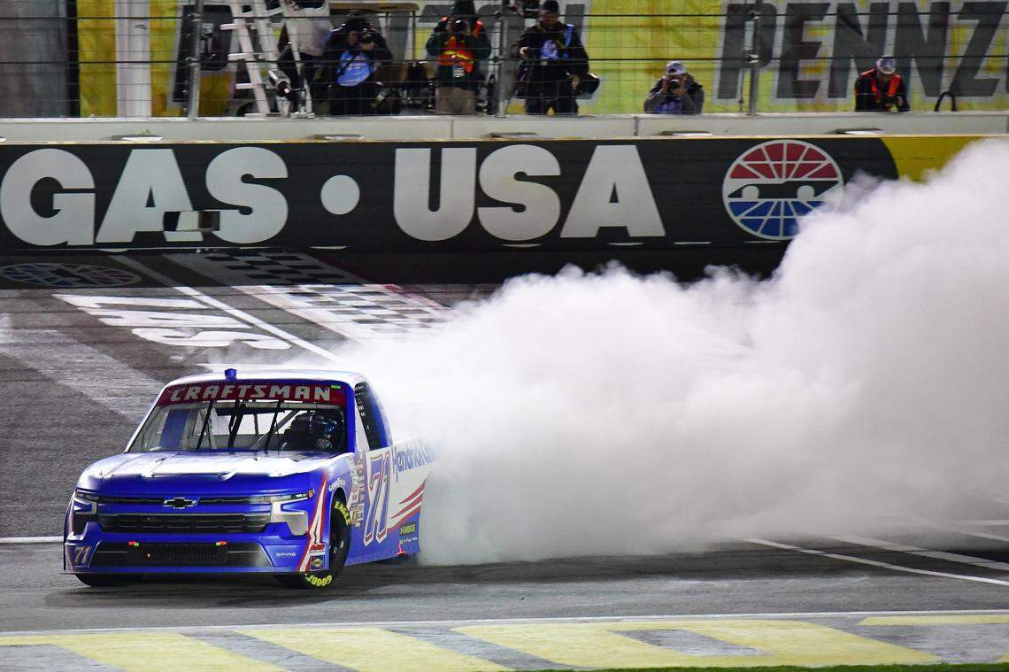 Mar 1, 2024; Las Vegas, Nevada, USA; NASCAR Truck Series driver Rajah Caruth (71) celebrates his victory of the Victorias Voice Foundation 200 at Las Vegas Motor Speedway. Mandatory Credit: Gary A. Vasquez-USA TODAY Sports