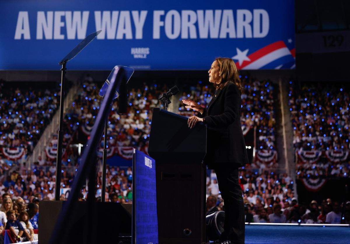 Vice President Kamala Harris speaks during a rally at the Bojangles Coliseum in Charlotte, NC on Thursday, September 12, 2024.